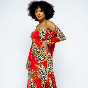 Red Print Dress With Cardigan Set